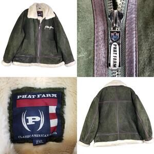 Phat Farm Shearling Lined Aviator Jacket Mens Size 2XL Green Zip Leather Flaw